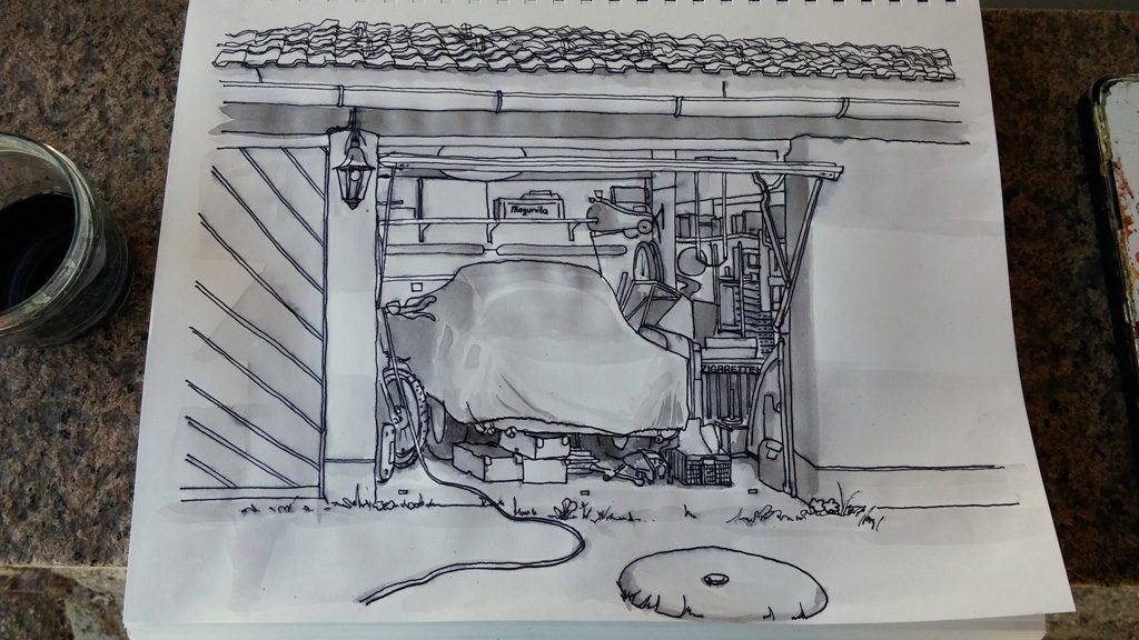 kolorierte Zeichnung einer Garage in Grisaille Technik 2. Stufe