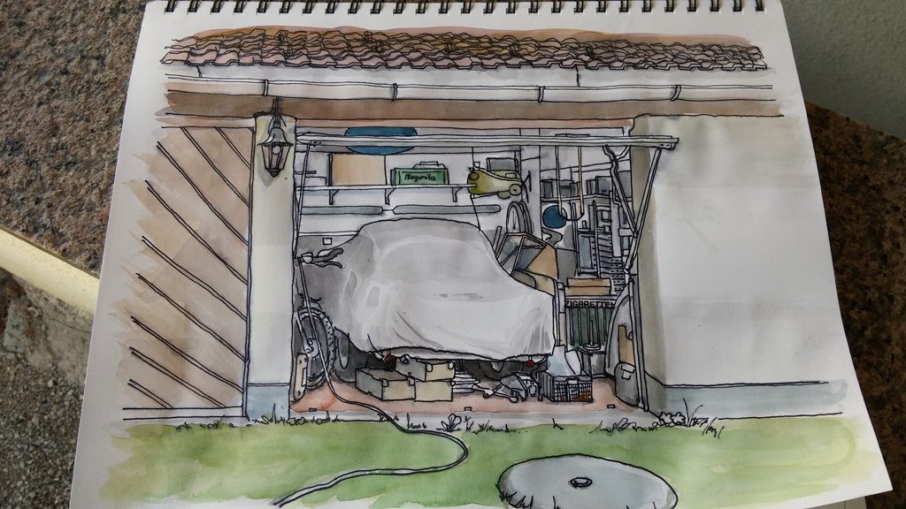 kolorierte Zeichnung einer Garage in Grisaille Technik