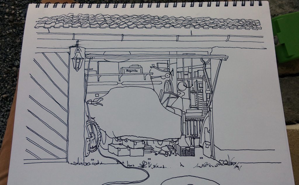 kolorierte Zeichnung einer Garage in Grisaille Technik, Strichzeichnung