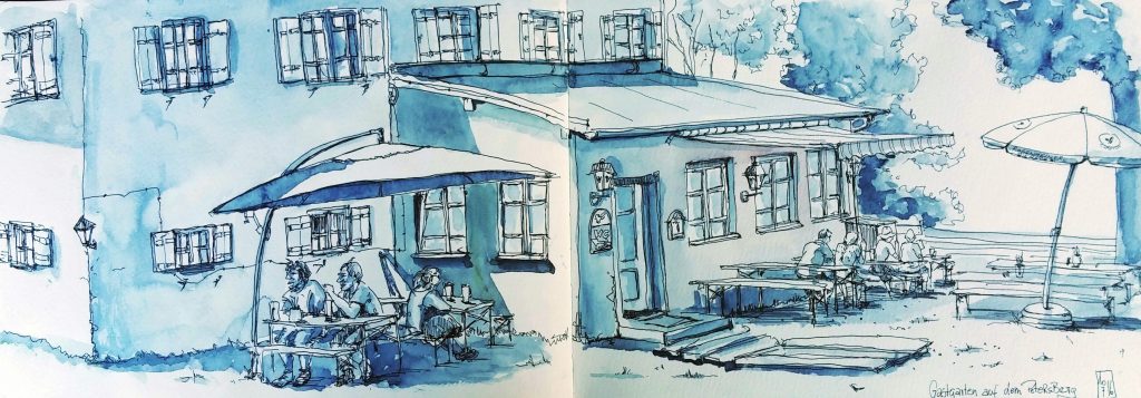 Monochrom kolorierte Zeichnung einer Berggaststätte